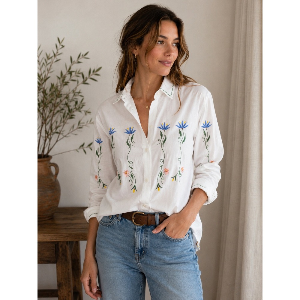 Banana Republic Floral Embroidered White Cotton Button Down Shirt Womens XS